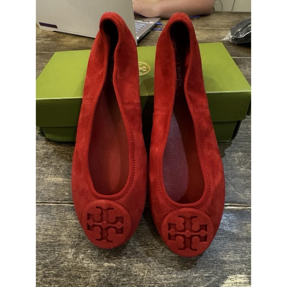 Tory Burch Reva Ballet Flats Red Suede Leather Size 6.5 NEW Slip On